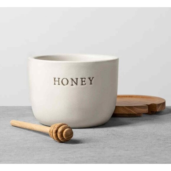 New!  Stoneware Honey Pot with Wood Lid & Dipper - Hearth & Hand with Magnolia - Picture 1 of 6